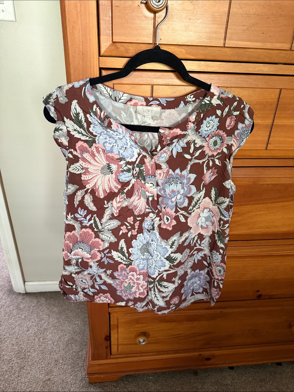 LOFT Brown Floral Cap-Sleeve Blouse with Pink and Light Blue Blooms